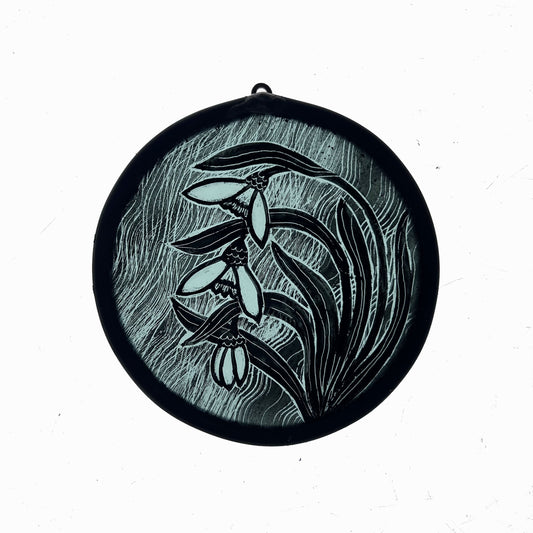 Snowdrops Sea green Tint Stained Glass Roundel. Small