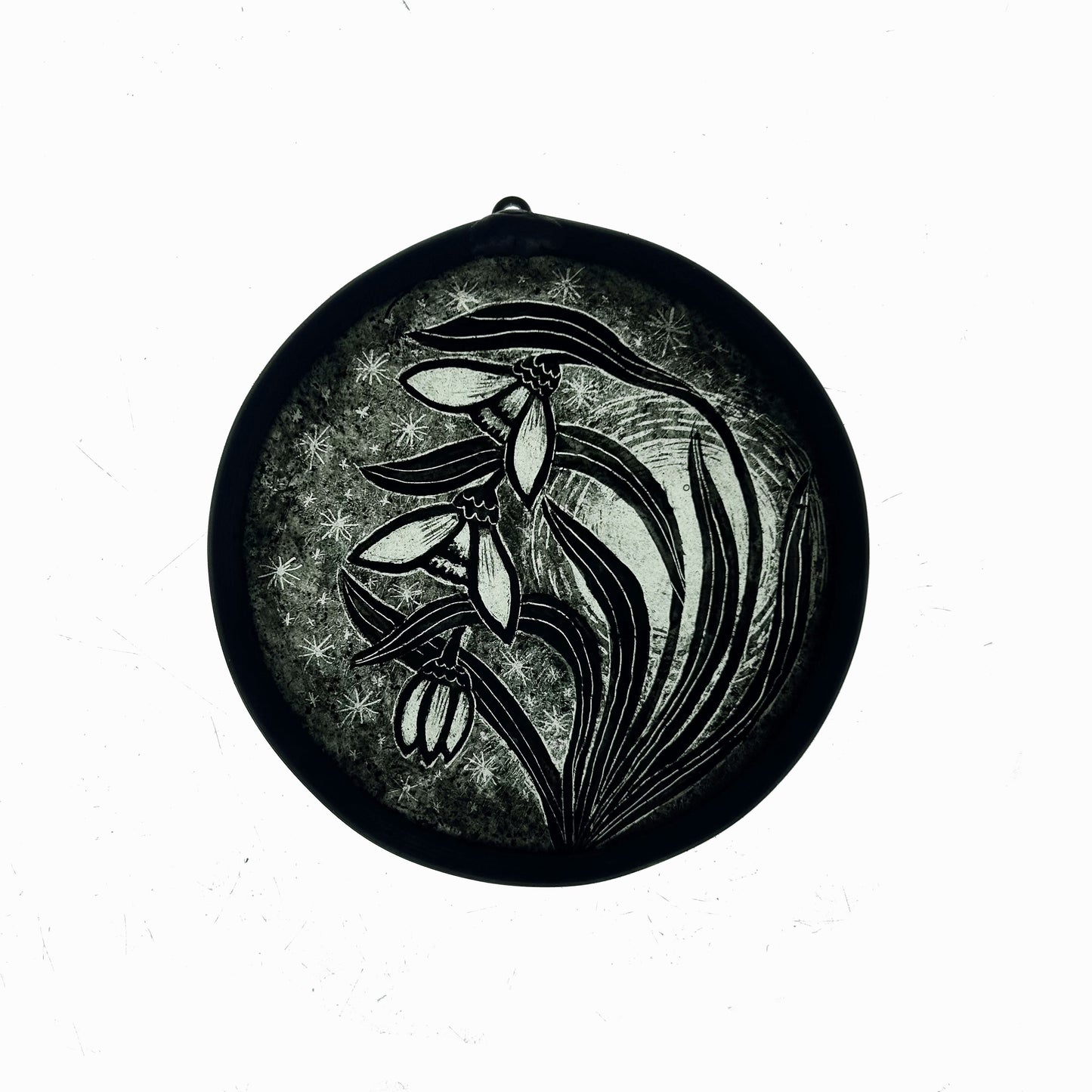 Snowdrops and full moon with Stars Stained Glass Roundel. Small