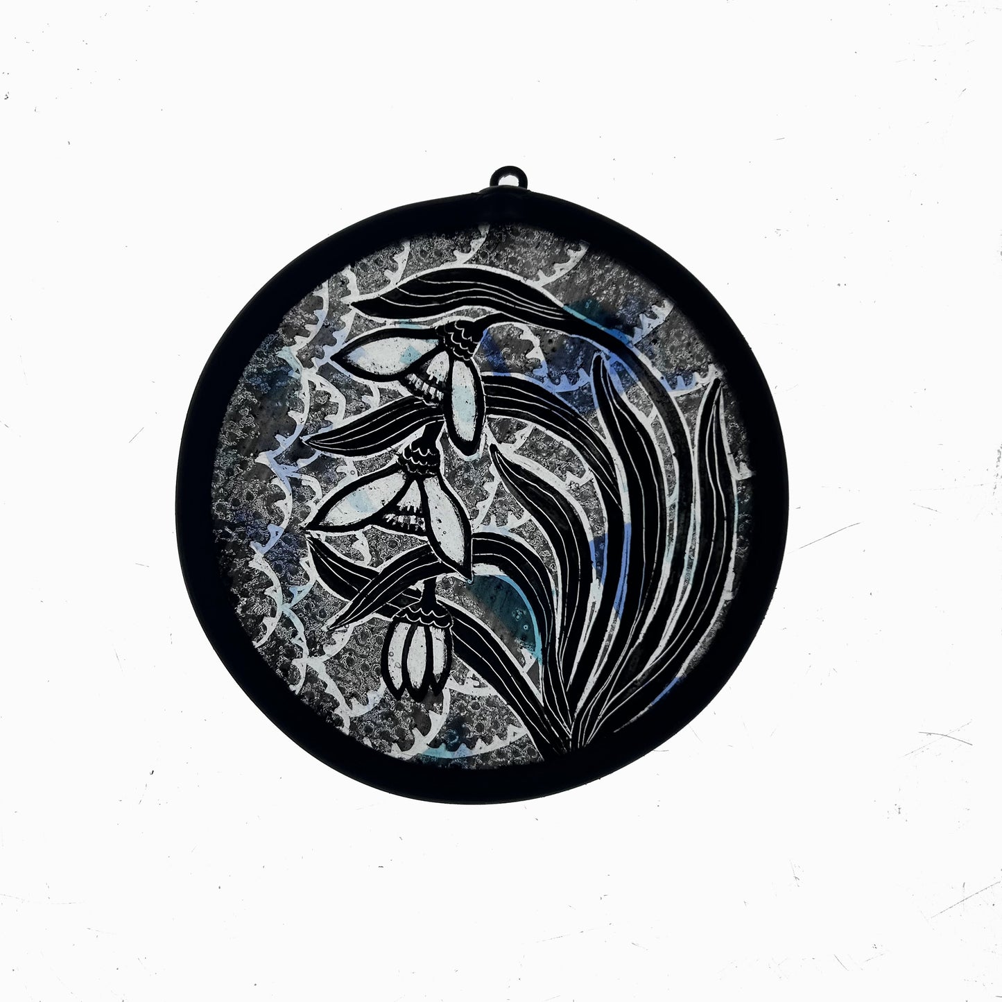 Snowdrops and Cloud pattern Stained Glass Roundel. Small