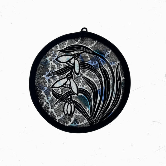 Snowdrops and Cloud pattern Stained Glass Roundel. Small
