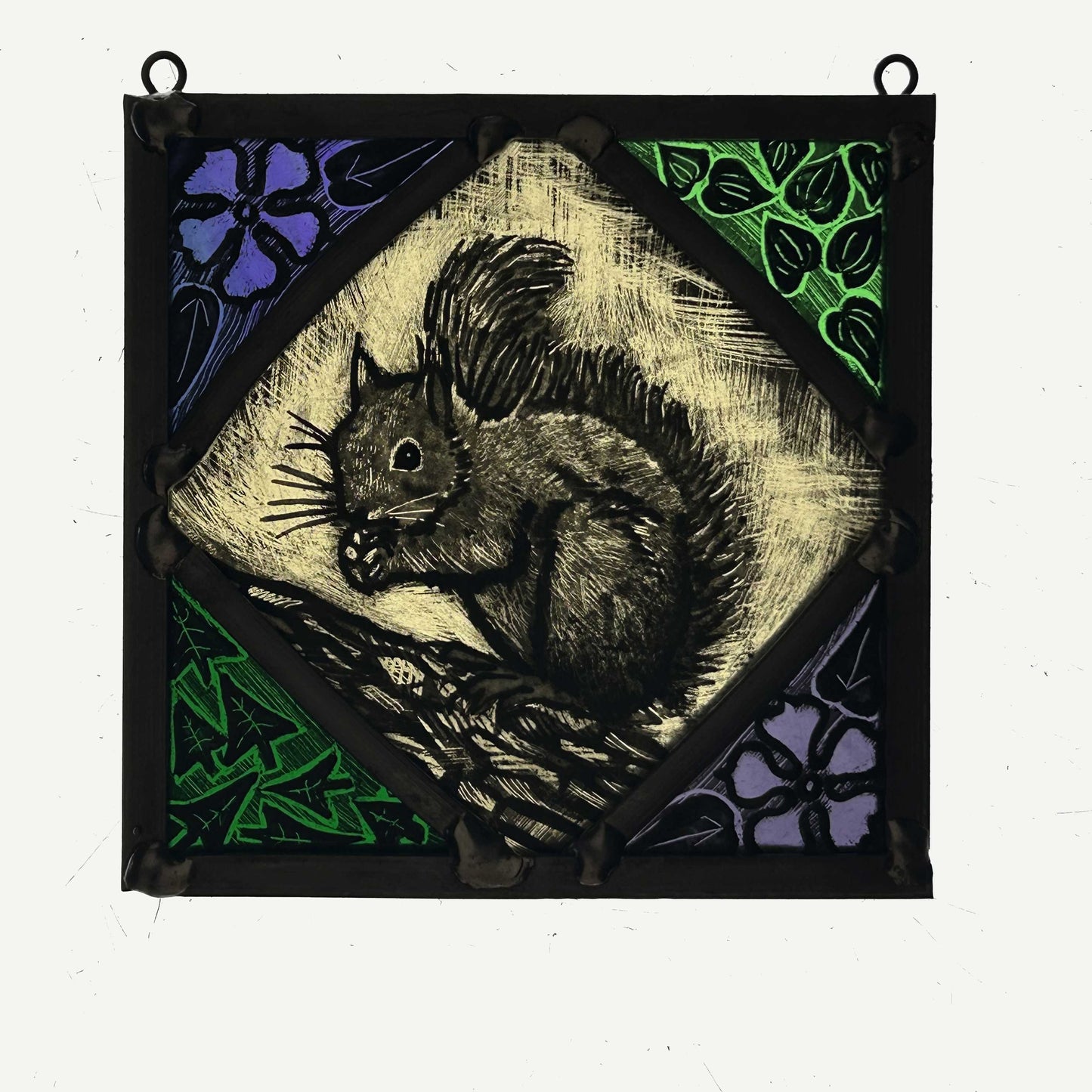 Red Squirrel and Periwinkle Stained Glass Panel Square, Small