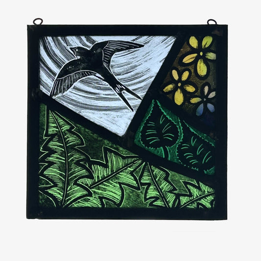 Swallow and Buttercup Stained Glass Panel Square, Small