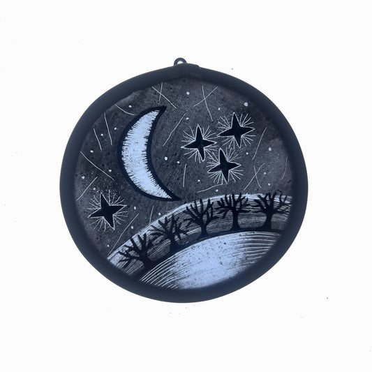 Winter Moon and Stars Stained Glass Roundel, Small