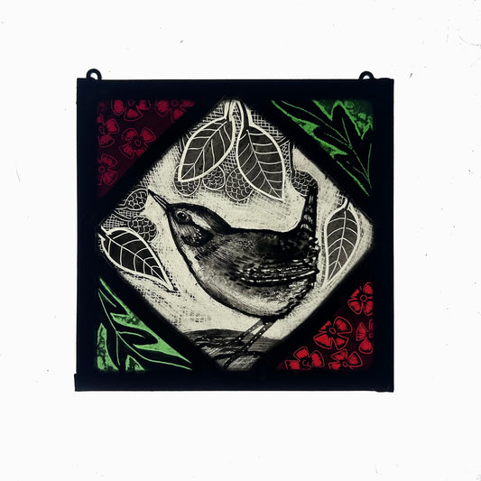 Wren and Flowers Stained Glass Panel Square, Small 2