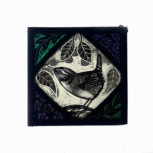 Wren and Flowers Stained Glass Panel Square, Small