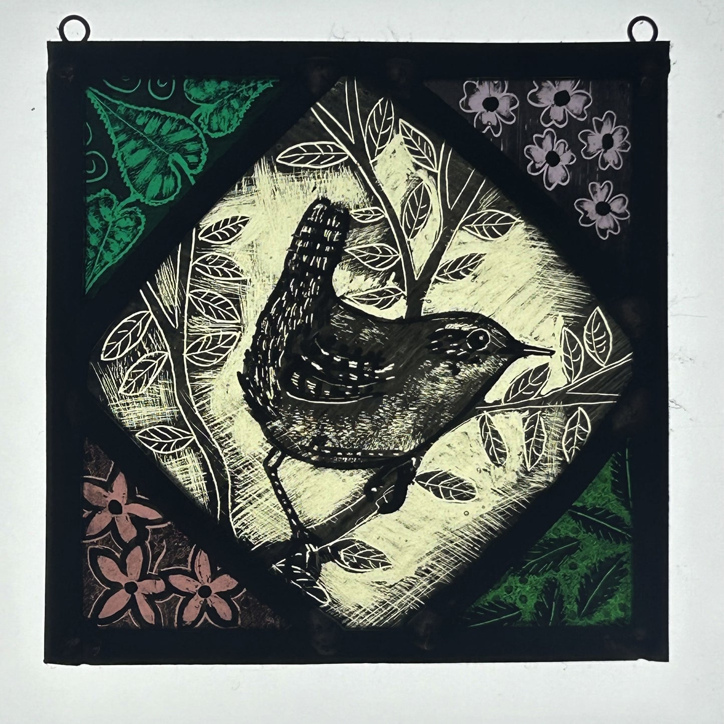 Wren and Flowers Stained Glass Panel Square, Small