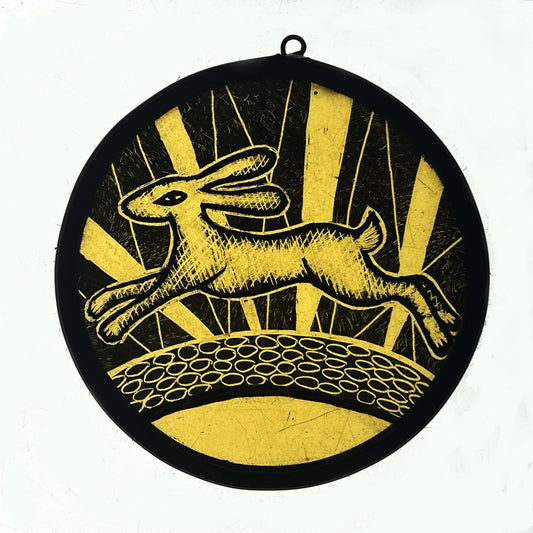 Leaping Hare Stained Glass Roundel-Yellow
