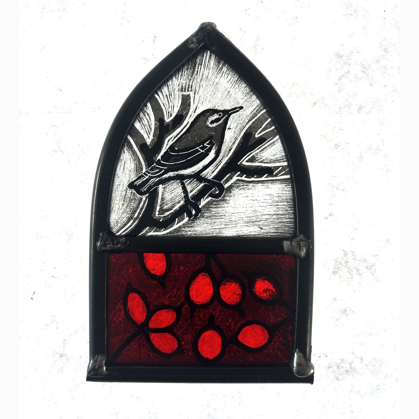 Black-eared Wheatear and Berries Stained Glass Arch, Small