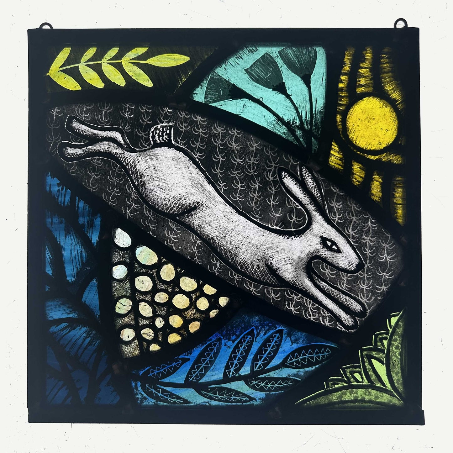 Leaping Hare and sun Stained Glass Square, Medium