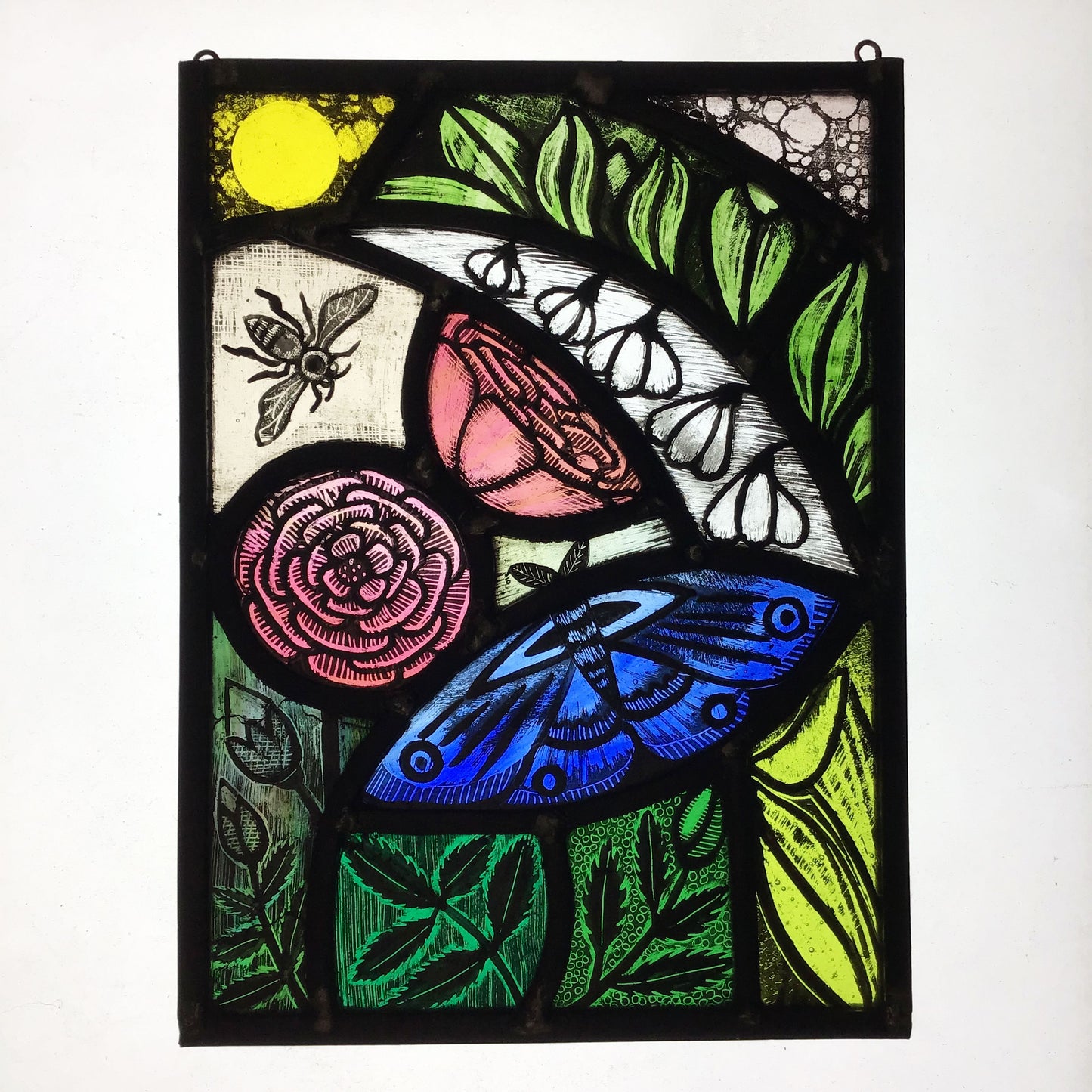Rose, Bee and Butterfly Stained Glass Rectangle, Large
