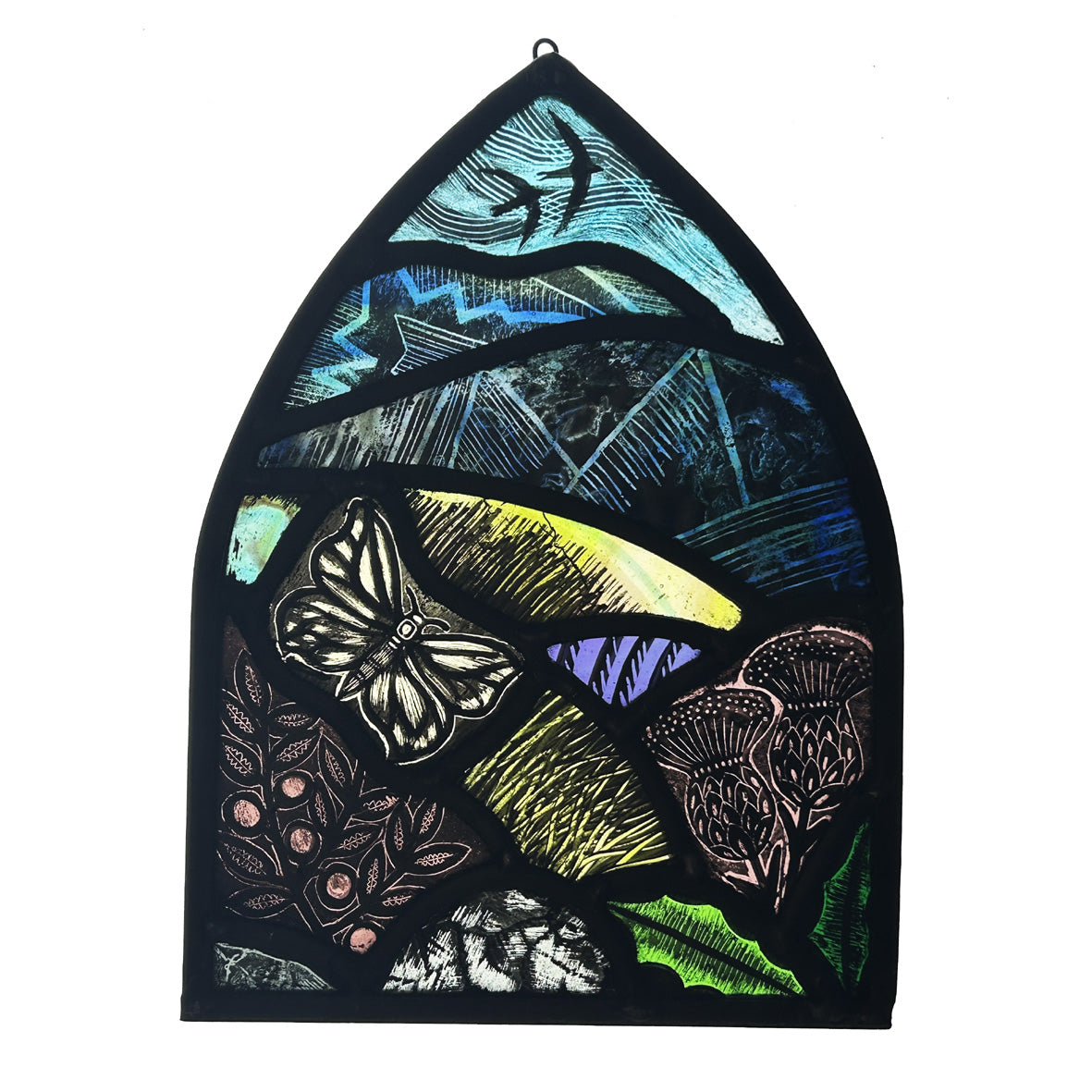 Scottish Mountain Moorland Scene and Butterfly Stained Glass Arch, Large