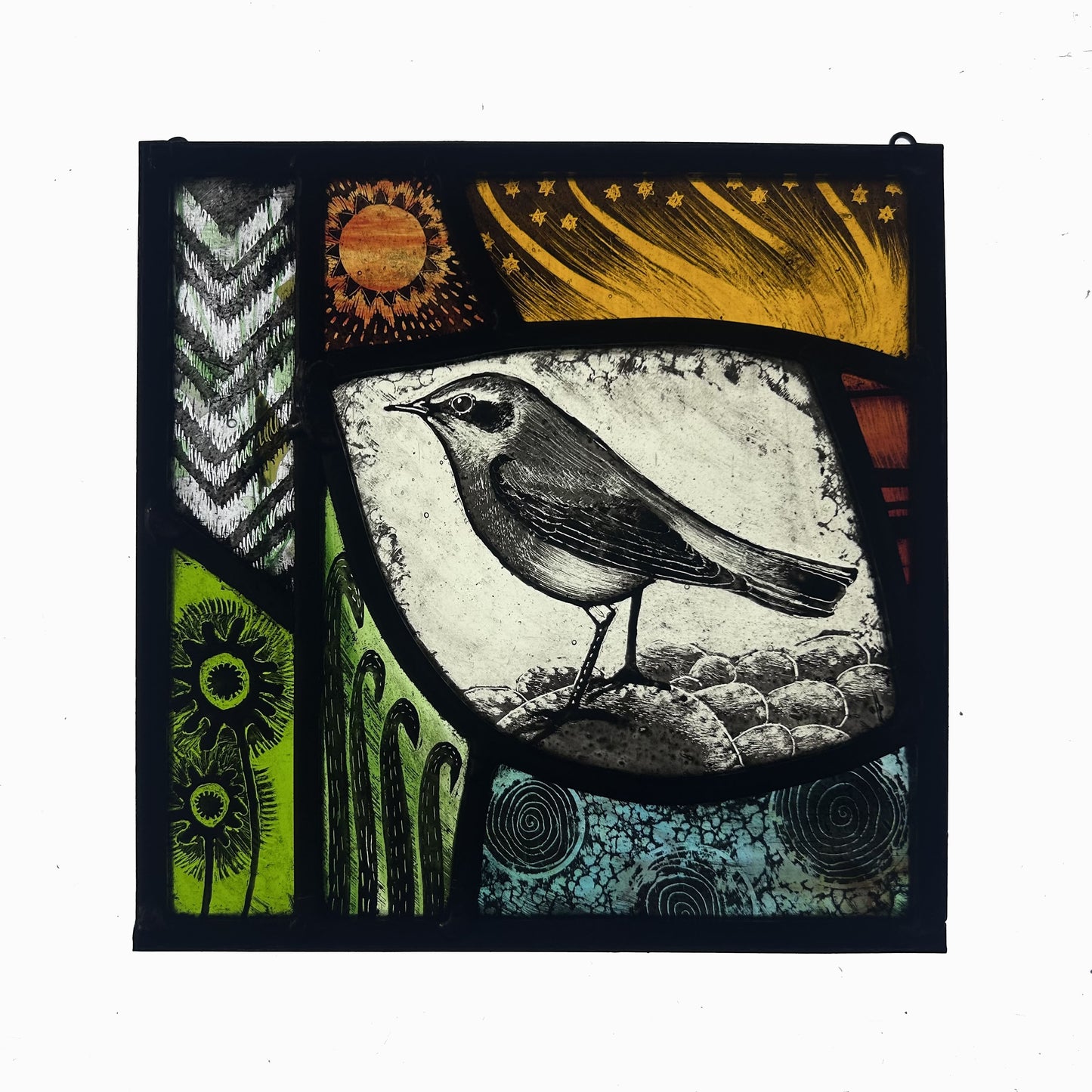 Black Eared-Wheatear and Sun Stained Glass Square, Medium
