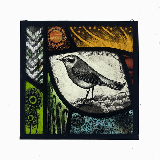 Black Eared-Wheatear and Sun Stained Glass Square, Medium
