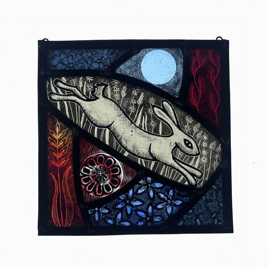 Leaping Hare and Moon Stained Glass Square, Medium