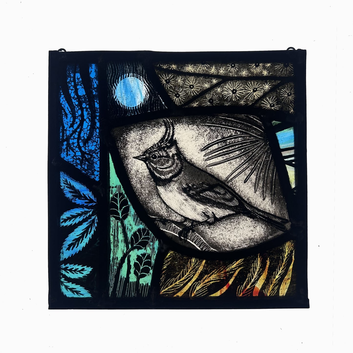 Crested Tit and Moon Stained Glass Square, Medium